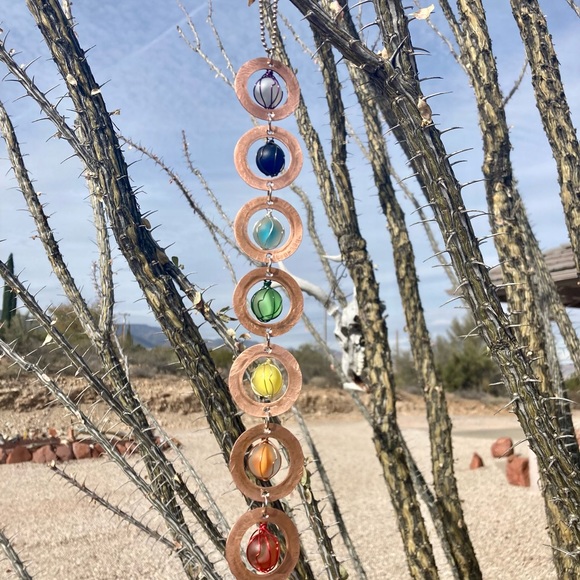 ARTISAN Chakra Sun Catcher Frosted Marble Hammered Copper Rainbow Colors - Picture 3 of 8